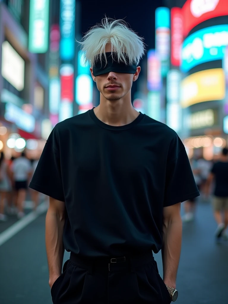 ((masterpiece, 8K, best quality, high resolution:1.3)), (a tall and slender man:1.2), (he has a very delicate face:1.2), (his hair is completely white, slightly messy, and falls over his forehead:1.2), (his eyes are covered by a black blindfold:1.2), (he is wearing a black outfit consisting of a black t-shirt and matching pants, giving him an elegant and imposing appearance:1.2), (his style is confident and casual, reflecting his charismatic and powerful personality:1.2), (he is smiling:1.2), (he is in Shibuya at night:1.2), (the background features the bustling streets of Shibuya with neon lights and crowded intersections:1.2), (the scene is illuminated with vibrant, colorful lights from the city:1.2), (his pose is relaxed yet confident, showcasing his natural charisma:1.2), (Canon EOS 5DS R camera, perfect for capturing the detail and beauty of the scene:1.2), (paired with the Canon EF 85mm f/1.4L IS USM lens:1.2), (the composition showcases the contrast between his elegant attire and the dynamic city backdrop:1.2), (a moment frozen in time, capturing the essence of urban style and confidence:1.3), (ultra photorealistic, highlighting his features and the vibrant city setting:1.3), (an image that transports viewers to a captivating and energetic moment:1.2), (a scene that exemplifies the beauty of individuality in a modern, urban context:1.2), (((smile face)))