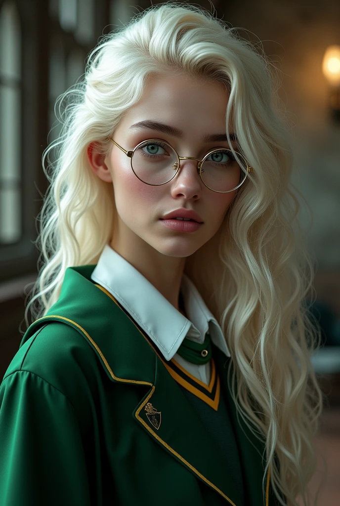create a realistic image of a white Brazilian woman with long curly platinum hair down to her back, thick eyebrows filled in and platinum too, with a beautiful and attractive, seductive, well-defined face that wears glasses with transparent frames, has kind and striking grayish-blue eyes, fleshy lips, who is wearing the clothes/uniforme da sonserina em um lugar da escola de Howgarts de Harry Potter