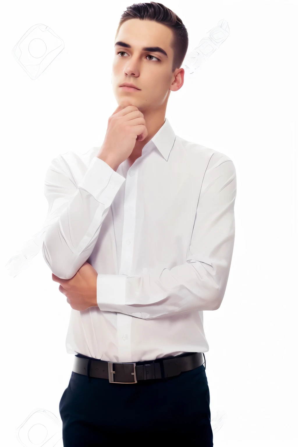 a man in a white shirt and black pants is thinking, thinking pose, thoughtful pose, pondering, looking confused, thoughtful, hovering indecision, dramatic thinking pose, wearing a light shirt, wearing a white shirt, thoughtful ), thin young male, without background, thoughtful expression, looking away from camera, pensive, uncompressed png, looking away from viewer