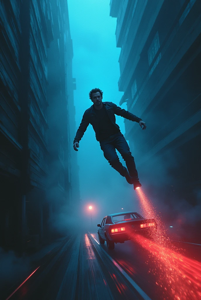 Man jumping from a running vehicle and fallin off in other dimension downward dimensions must be filled with dark colours not much dark make it a bit blue-redissh