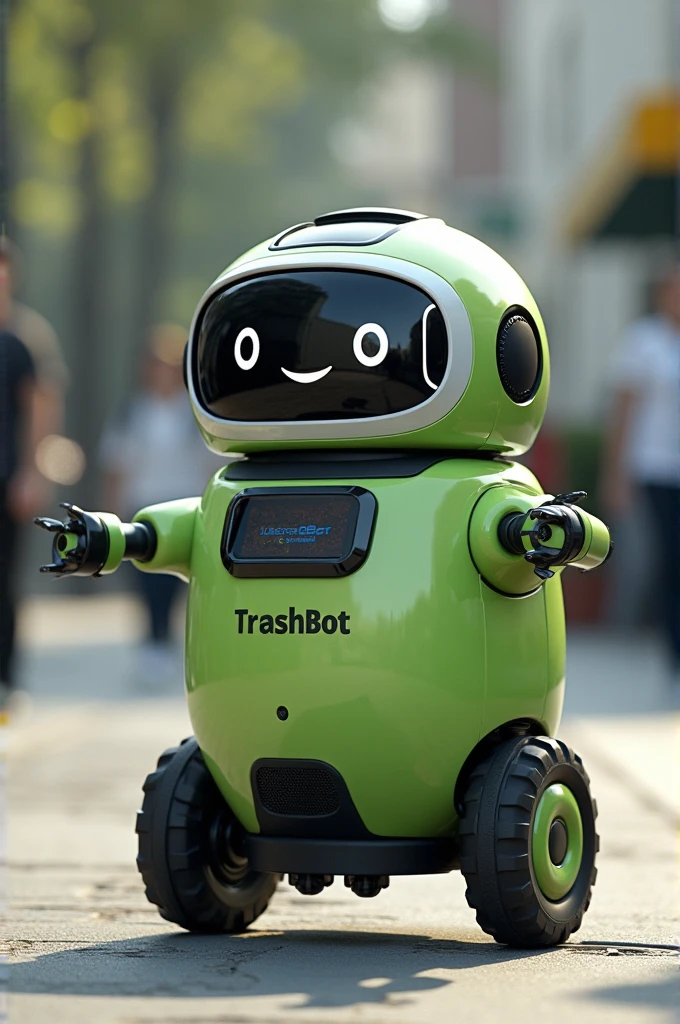 Robot Name: TrashBot
Design:
TrashBot is a small, friendly robot designed to help clean up trash and keep the environment clean. It has a round body, with wheels at the bottom so it can move smoothly on different surfaces. On its top, TrashBot has a small screen that shows a smiling face, making it look approachable and kind. It has extendable arms with claws to pick up trash, and a large container on its back where it stores the trash it collects. Solar panels on its back allow TrashBot to recharge using sunlight, making it eco-friendly.