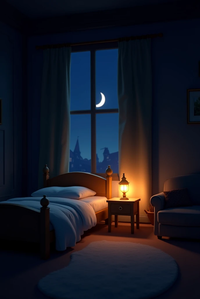 Generate an image in the style of a classic Disney animation. The scene is set in a dark, cozy room where a small lamp is beginning to light up slowly. The room should be initially dim, with soft, whimsical shadows in the corners, and the furniture should have a slightly magical, animated feel. As the lamp gradually illuminates, it casts a warm, golden light that gently fills the space, revealing charming details like a plush bed, a nightstand with a storybook, and perhaps a window with curtains slightly open, allowing a faint glow of moonlight to enter. The overall atmosphere should be enchanting and inviting, with a touch of Disney's signature magic and charm