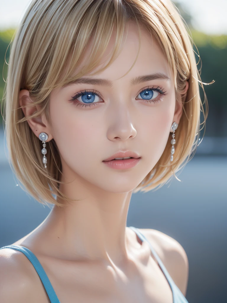 ((software: 1.4)), ((Detailed face,  Professional photography)), ((software, Super Short Hair, side lock hair, (  Blonde), big, Clear sky blue eyes, Earrings, 1 girl)), Ultra-high resolution, (Realistic: 1.4), RAW Photos, Highest quality, (PhotoRealistic Stick), concentrated, Soft Light, ((15 years old)), (( (Young Face))), (surface), (Depth of written boundary), masterpiece, (Realistic), woman, bangs, ((1 girl))