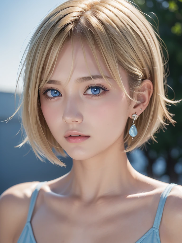 ((software: 1.4)), ((Detailed face,  Professional photography)), ((software, Super Short Hair, side lock hair, (  Blonde), big, Clear sky blue eyes, Earrings, 1 girl)), Ultra-high resolution, (Realistic: 1.4), RAW Photos, Highest quality, (PhotoRealistic Stick), concentrated, Soft Light, ((15 years old)), (( (Young Face))), (surface), (Depth of written boundary), masterpiece, (Realistic), woman, bangs, ((1 girl))