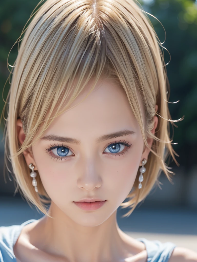 ((software: 1.4)), ((Detailed face,  Professional photography)), ((software, Super Short Hair, side lock hair, (  Blonde), big, Clear sky blue eyes, Earrings, 1 girl)), Ultra-high resolution, (Realistic: 1.4), RAW Photos, Highest quality, (PhotoRealistic Stick), concentrated, Soft Light, ((15 years old)), (( (Young Face))), (surface), (Depth of written boundary), masterpiece, (Realistic), woman, bangs, ((1 girl))