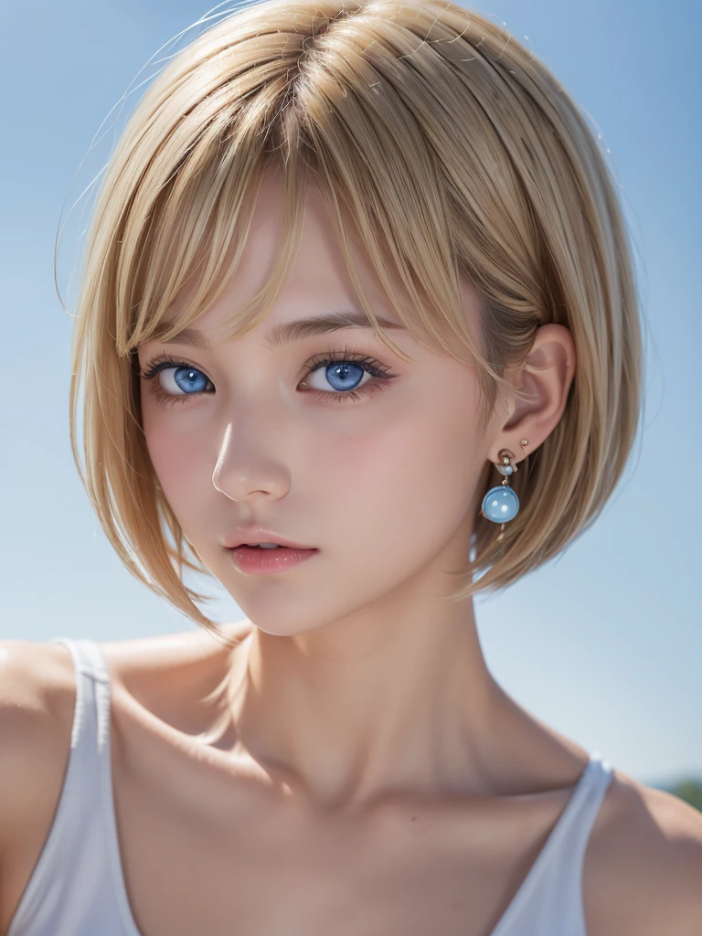 ((software: 1.4)), ((Detailed face,  Professional photography)), ((software, Super Short Hair, side lock hair, (  Blonde), big, Clear sky blue eyes, Earrings, 1 girl)), Ultra-high resolution, (Realistic: 1.4), RAW Photos, Highest quality, (PhotoRealistic Stick), concentrated, Soft Light, ((15 years old)), (( (Young Face))), (surface), (Depth of written boundary), masterpiece, (Realistic), woman, bangs, ((1 girl))