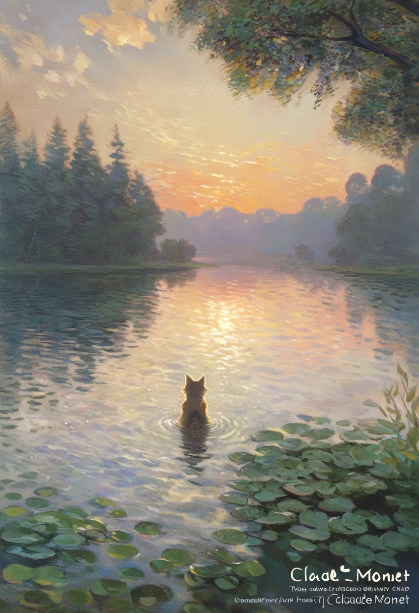 High-quality illustrations by Claude Monet, Impressionism, cover_page, highres, absurdres, detailed background, lake, dawn, detailed forest, clouds, Mysterious and romantic atmosphere, caustics surface(refraction, polarization)perfect anatomy(handsome 1boy, single, kemono, solo focus)volumetric lighting, Wet clothes, Water droplets(furry anthro)(very detailed body fur)full body, soft and delicate color palette, dramatic composition,