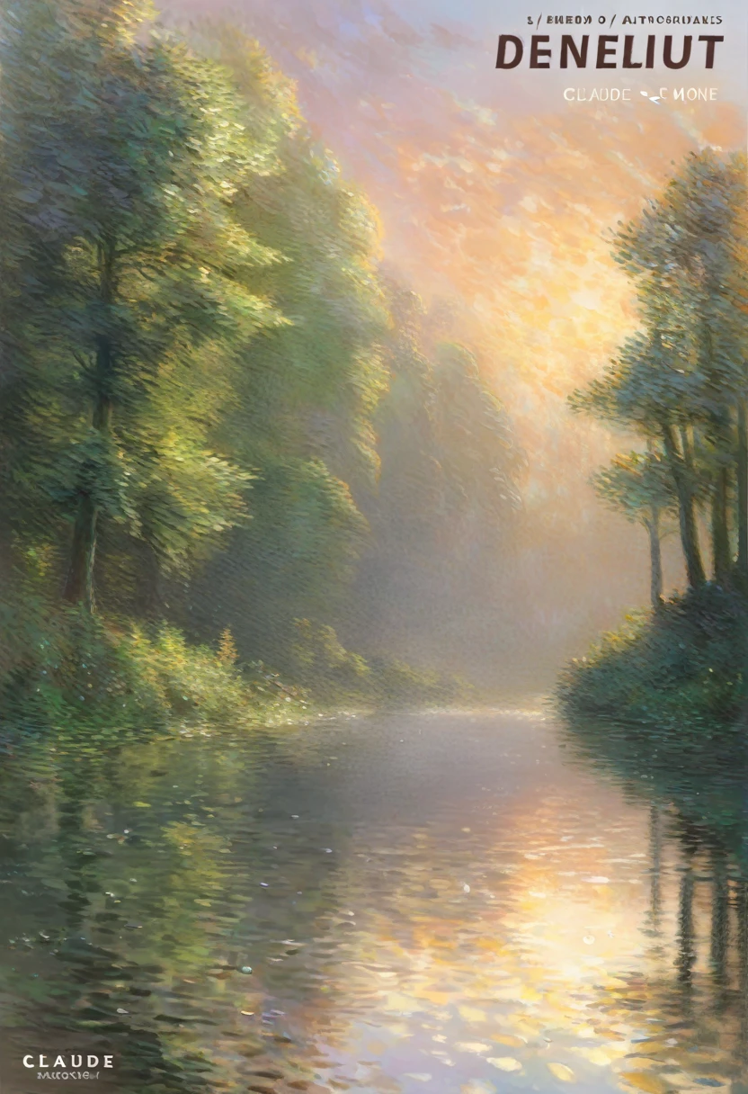 High-quality illustrations by Claude Monet, Impressionism, cover_page, highres, absurdres, detailed background, lake, dawn, detailed forest, clouds, Mysterious and romantic atmosphere, caustics surface(refraction, polarization)perfect anatomy(handsome 1boy, single, kemono, solo focus)volumetric lighting, Wet clothes, Water droplets(furry anthro)(very detailed body fur)full body, soft and delicate color palette, dramatic composition,