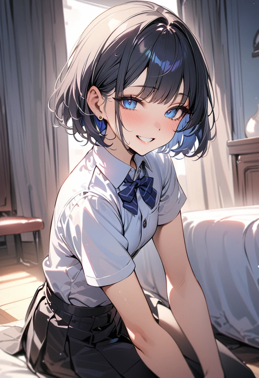 (masterpiece, best quality:1.5), (high resolution 8K), detailed eyes and face, detailed body,
BREAK (extra short hair:2.0), blunt bangs, black hair, (inner blue color hair:1.2), blue eyes, , small breast,
BREAK smile, happy
BREAK collared shirt, pleated skirt, school uniform, bow