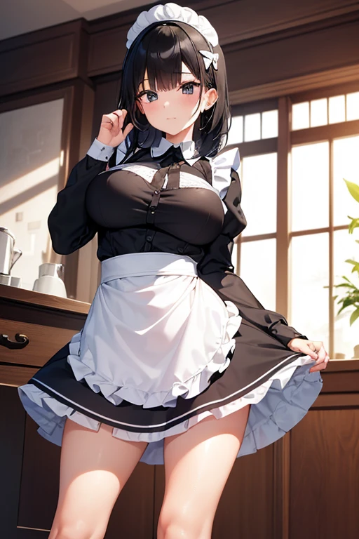 (isabe),(Posing standing and with the body facing Fourth wall:1.5),+,(1 girl),(Mature body woman), (pretty: 1.5), (super hot: 1.5), (White skin color), (Long black hair and black eyes), (And super gigantic breasts: 1.5), (Height 1.20), (beautiful young woman), (super beautiful 18 year old),(Slender body),(slim body),(thin waist with hot hips),(large breasts and ass),(young mature and sexual woman's body),(Wearing),+,(A maid dress has a wide, voluminous skirt, often with layers of tulle or ruffles, providing an effect of lightness and movement. Color: Predominantly black, with white details. Neckline: Typically sweetheart-shaped or with a white collar, which adds an elegant contrast. Sleeves: They can be short or long, often with details such as lace or ribbons. Waist: Often, the dress is adjusted at the waist with a bow or belt, accentuating the silhouette. Accessories Apron: A white apron is an essential element, usually adorned with lace or embroidery, that covers the front of the dress. Cap: A white cap, which can vary in size and style, is worn on the head, symbolizing the role of a maid. Socks: Long socks, usually white or black, which may have details such as stripes or lace, complement the look. Shoes: Low-heeled shoes or flats, often black, that are comfortable and elegant.)