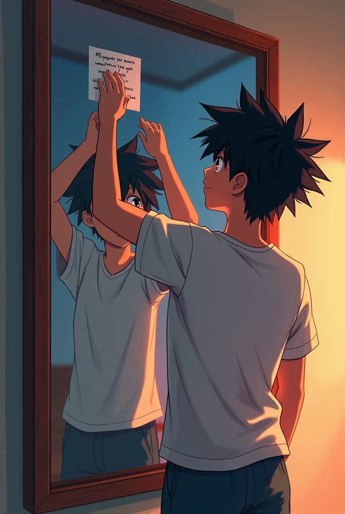 Teenager male anime back point of view reaching up to put a note in a mirror