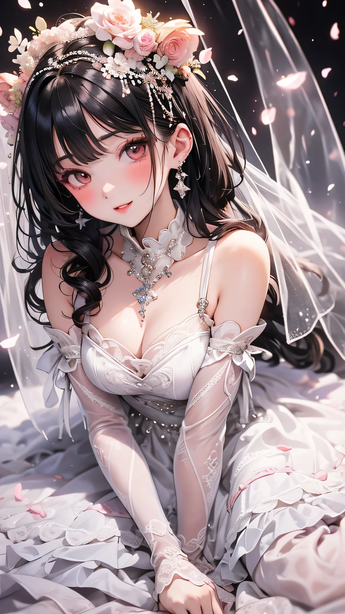(Highest quality, High resolution, masterpiece:1.2,), night, One girl, (whole body), (Wedding dress), (Detailed clothing), (Beautifully detailed face),(Beautiful attention to detail), Wait for a kiss, View your viewers, Happy, blush,