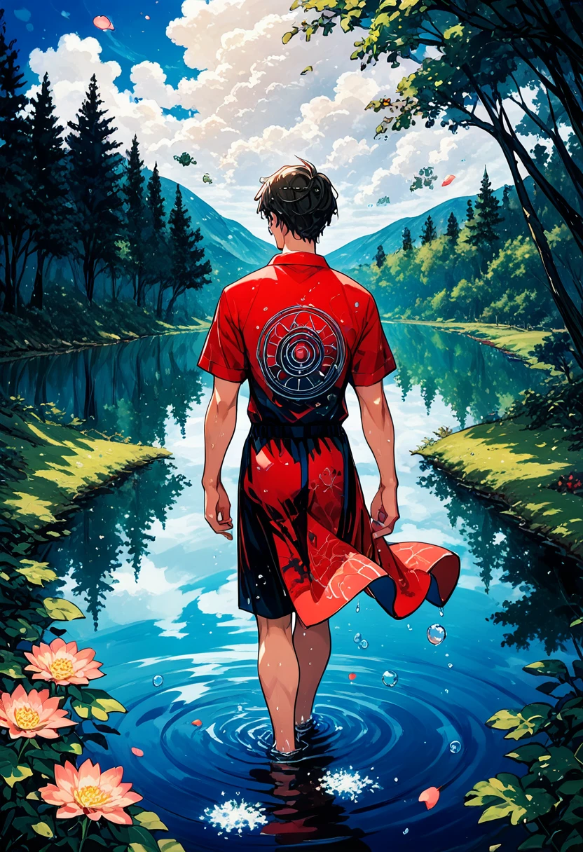 High-quality illustrations by Claude Monet, Impressionism, cover_page, highres, absurdres, detailed background, lake, dawn, detailed forest, clouds, Mysterious and romantic atmosphere, caustics surface(refraction, polarization)perfect anatomy(handsome 1boy, single, kemono, solo focus)volumetric lighting, Wet clothes, Water droplets(furry anthro)(very detailed body fur)full body, soft and delicate color palette, dramatic composition,