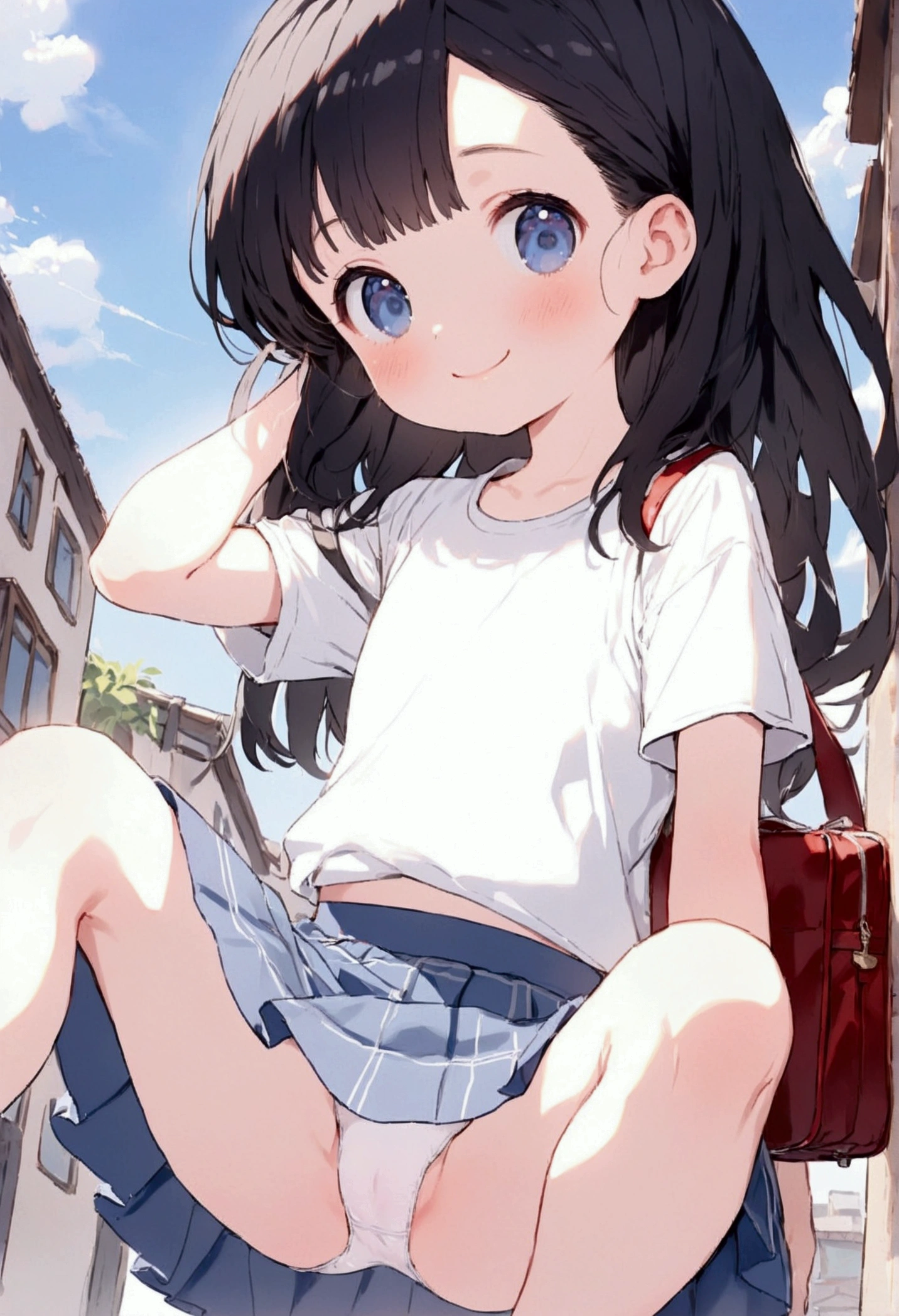 (8k),(masterpiece),(Japanese),(),((Innocent look)),((Childish)),from the front,smile,cute,Innocent,Kind eyes,Plain T-shirt,Short sleeve,Blue checked short skirt,(carrying a red school bag),Straight hair,Hair blowing in the wind,Black Hair,Somewhat strong wind,noon, ((Skirt flipped up)), ((White panties)), Take a full-body photo, Spread your legs, Residential Street, the way