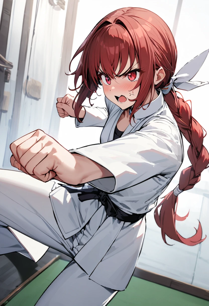 ((karate)), ((Menina lutando karate)), (((1girl))), ((little girl)), angry, whole body, perfect face, Pure white karate uniform, White collar, karate stance, white long sleeve, Martial arts hall, white pants, Plain white clothes, Black belt, action, flat chest, (((low ponytail))), ((braid)), Cherry red hair,red eyes, tsurime, make a fist, ready a fist, masterpiece, best quality, high details, anatomically correct, high quality, best quality
