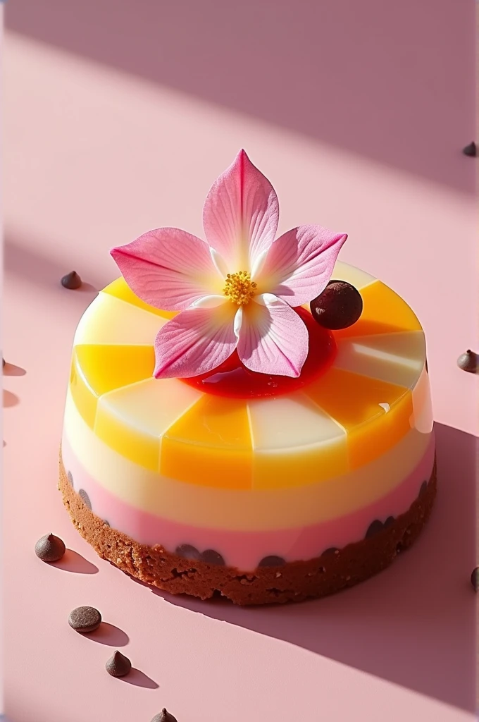 Could you give me the image of a circular gelatin with the following characteristics?: 1.- have a layer of brown gelatin at the bottom ,above this a yellow and pink grid, topped with a flake or Chantilly flower, a bit of jam and chocolate chips 