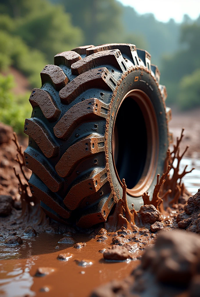(all terrain tire in mud), (accurately spelled text "LUVEY A/T BACKDOOR MASTER"), detailed texture of mud and dirt, dynamic splashes around tire, high contrast lighting to highlight branding, realistic reflections on tire surface, earthy tones with rich brown and deep green hues, HD quality, rugged and adventurous atmosphere, showcasing durability and strength of tire in extreme conditions.