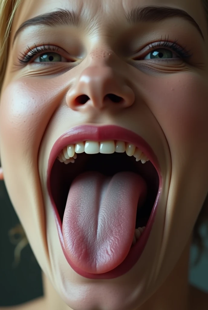 Scarlett Johansson opens her mouth wide showing you her uvula and super thick white realistic Tongue