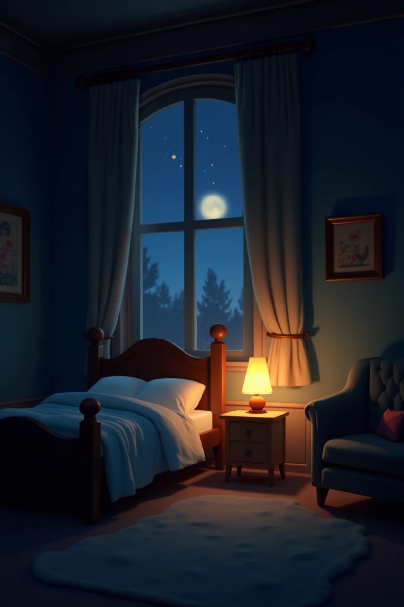 Generate an image in the style of a classic Disney animation. The scene is set in a dark, cozy room where a small lamp is beginning to light up slowly. The room should be initially dim, with soft, whimsical shadows in the corners, and the furniture should have a slightly magical, animated feel. As the lamp gradually illuminates, it casts a warm, golden light that gently fills the space, revealing charming details like a plush bed, a nightstand with a storybook, and perhaps a window with curtains slightly open, allowing a faint glow of moonlight to enter. The overall atmosphere should be enchanting and inviting, with a touch of Disney's signature magic and charm