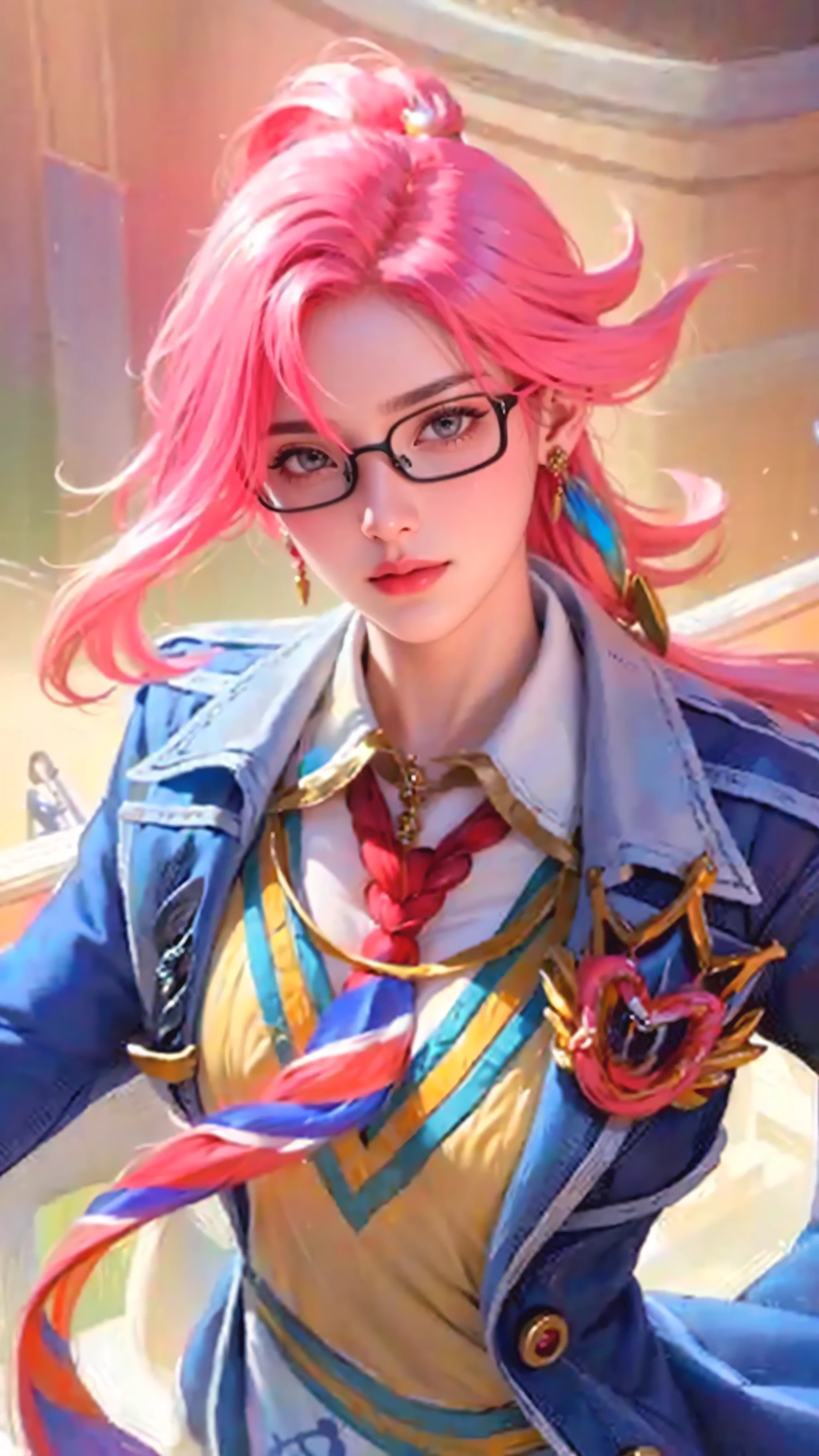 photorealistic, high resolution, 1women, mature female, solo, hips up, look at viewer, (detailed face), black hair, earrings, jewelry, red hair, multicolored hair, twin braids, glasses, ((gloves)), grey eyes,beautiful girl,idol girl,realistic skin