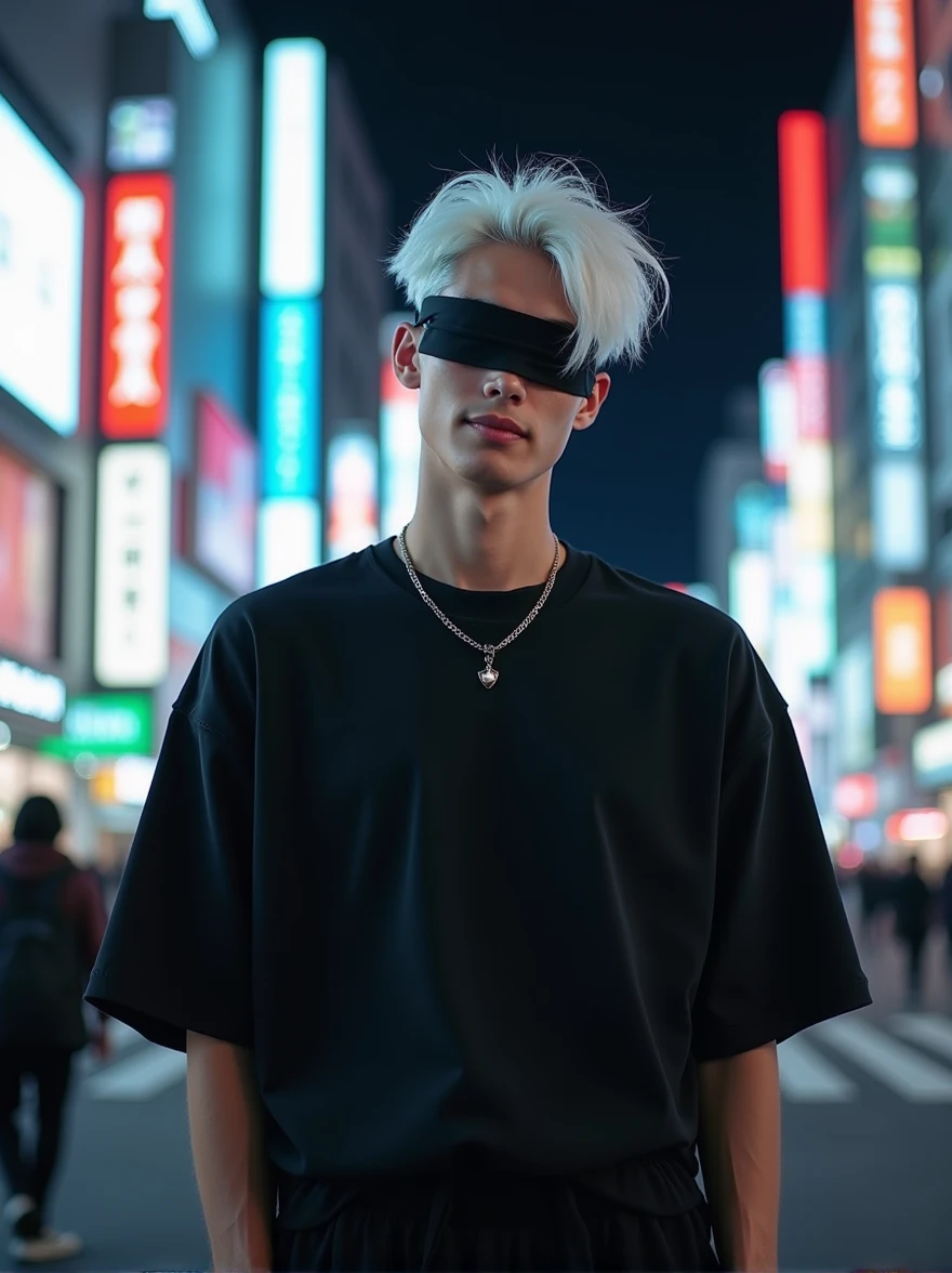 ((masterpiece, 8K, best quality, high resolution:1.3)), (a tall and slender man:1.2), (he has a very delicate face:1.2), (his hair is completely white, slightly messy, and falls over his forehead:1.2), (his eyes are covered by a black blindfold:1.2), (he is wearing a black outfit consisting of a black t-shirt and matching pants, giving him an elegant and imposing appearance:1.2), (his style is confident and casual, reflecting his charismatic and powerful personality:1.2), (he is smiling:1.2), (he is in Shibuya at night:1.2), (the background features the bustling streets of Shibuya with neon lights and crowded intersections:1.2), (the scene is illuminated with vibrant, colorful lights from the city:1.2), (his pose is relaxed yet confident, showcasing his natural charisma:1.2), (Canon EOS 5DS R camera, perfect for capturing the detail and beauty of the scene:1.2), (paired with the Canon EF 85mm f/1.4L IS USM lens:1.2), (the composition showcases the contrast between his elegant attire and the dynamic city backdrop:1.2), (a moment frozen in time, capturing the essence of urban style and confidence:1.3), (ultra photorealistic, highlighting his features and the vibrant city setting:1.3), (an image that transports viewers to a captivating and energetic moment:1.2), (a scene that exemplifies the beauty of individuality in a modern, urban context:1.2), (((smile face)))