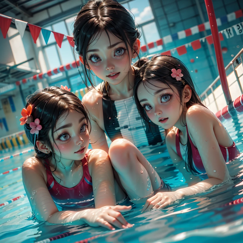 ExtremelyDetailed (((Swimming Team Kawaii Kids in a row:1.4))), Childish perfect face, Reflective Eyes, Detailed(Delicate Clothing textures), Corrected Leg to Foot Line, Corrected Perfect Hand, Dynamic Joyful Expressions LifeLike Rendering, ((Specular Reflection:1.28)), TopQuality 8K Ultra-detailed masterpiece (ProfessionalPhoto:1.37)(Acutance:0.8),(Luminism:1.22),