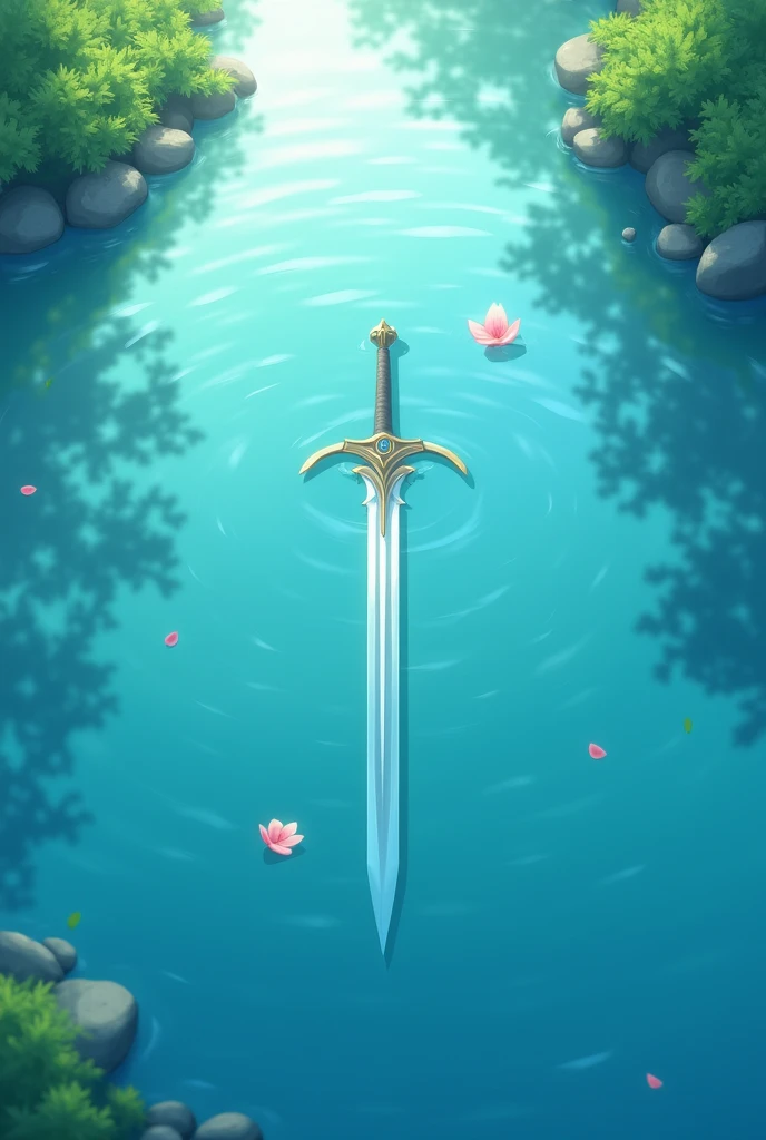 The clear water has a few pink petals and a sword. Top view of the lake.