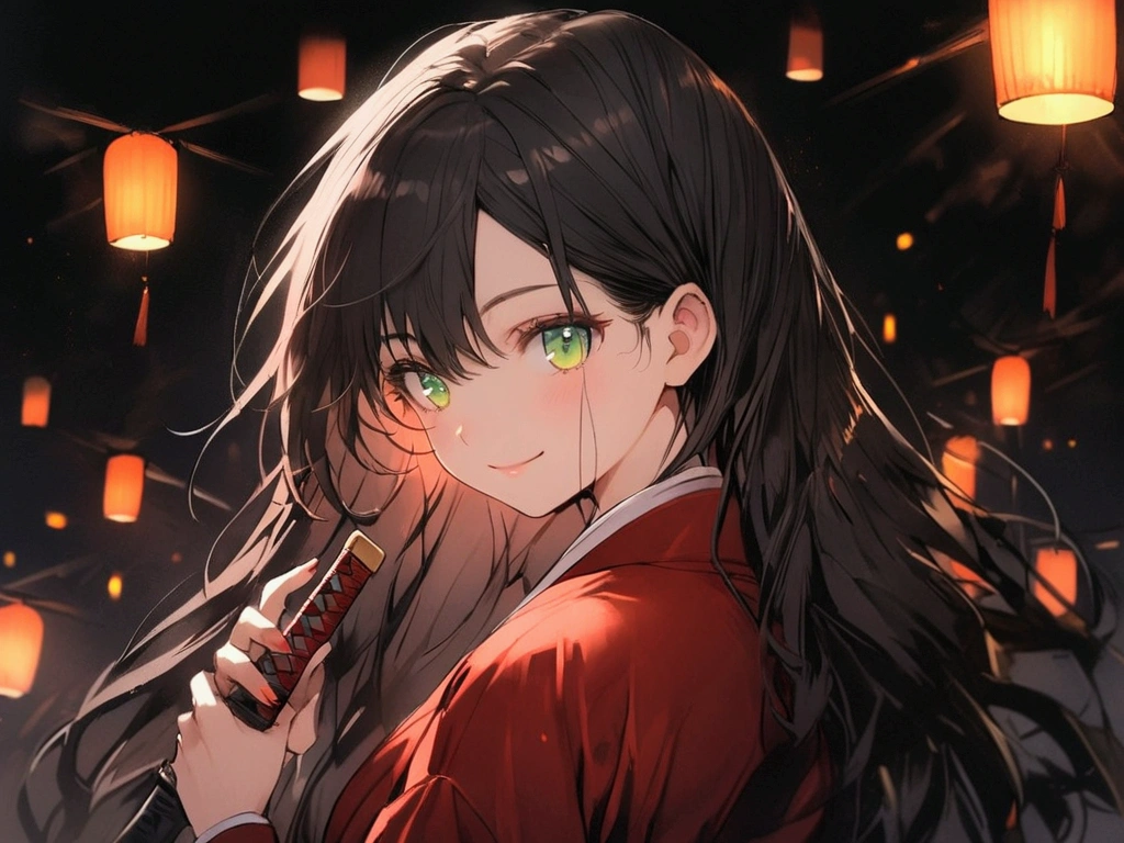 female, 18 years old, black hair, long hair, red suit, katana in her hand, green eyes, smiling, dark background