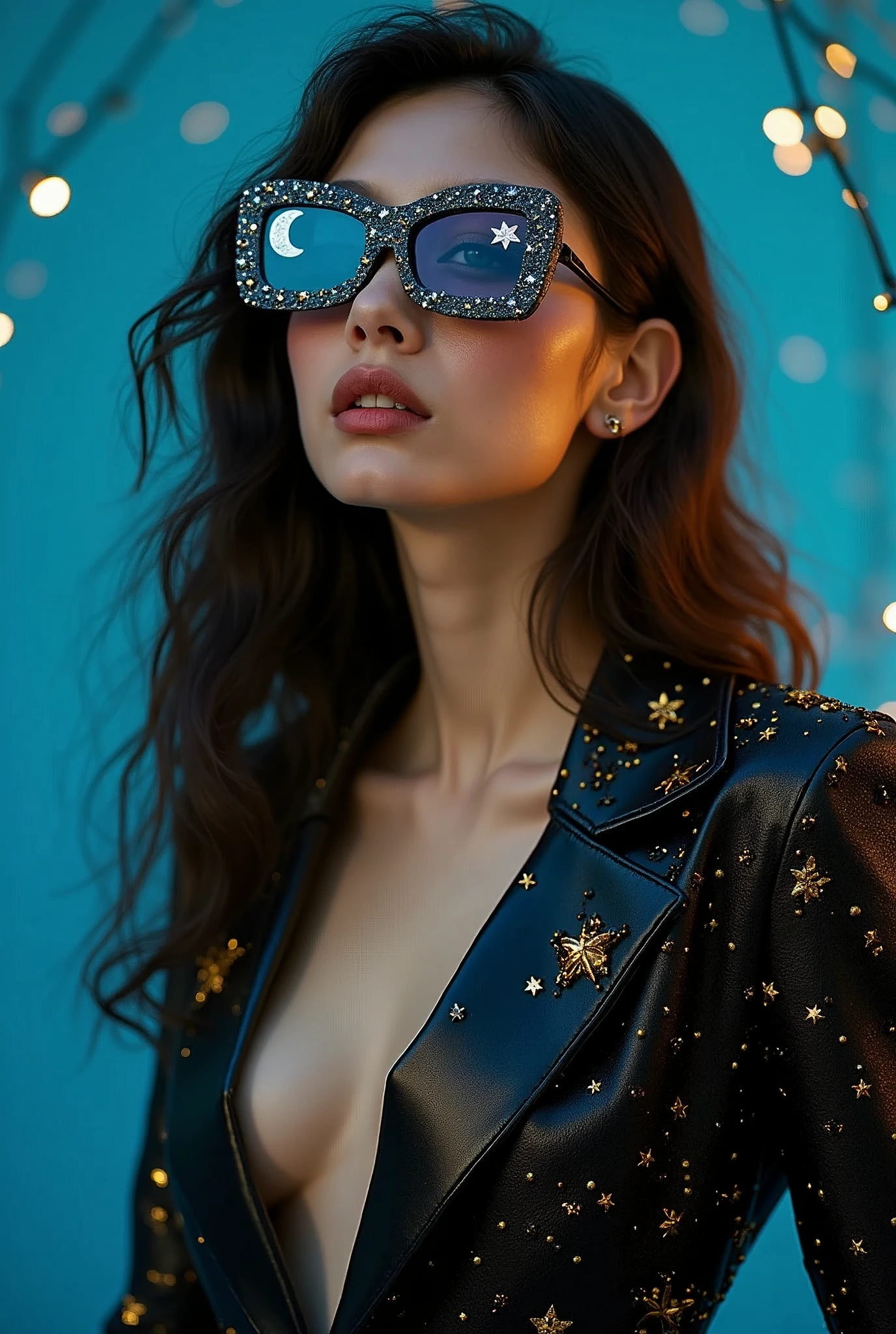 model wearing vitreous sunglasses with star and moon in the glass, in the style of dark sky-blue and light yellow, minimalist pen lines, fairy kei, use of precious materials, vibrant and lively hues, captivating, glitter , cleavage, thigh, short skirt, sexy, sexy black dress, luxury jacket, cleavage, thigh, short skirt, sexy