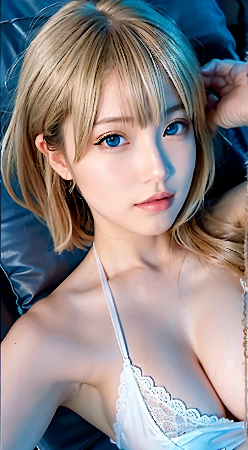 Beautiful and fair、Glowing Skin, 3 Up, nice, bright, Refreshing and gentle look, Perfect beautiful face、Blonde Short Hair，Beautiful shiny bangs, Very beautiful  girl, eyeliner, So perfect and beautiful、Big, clear, sky-blue eyes，Very large breasts，The original skin is visible through the grooves，Muscular body，White micro bikini、Lying in bed