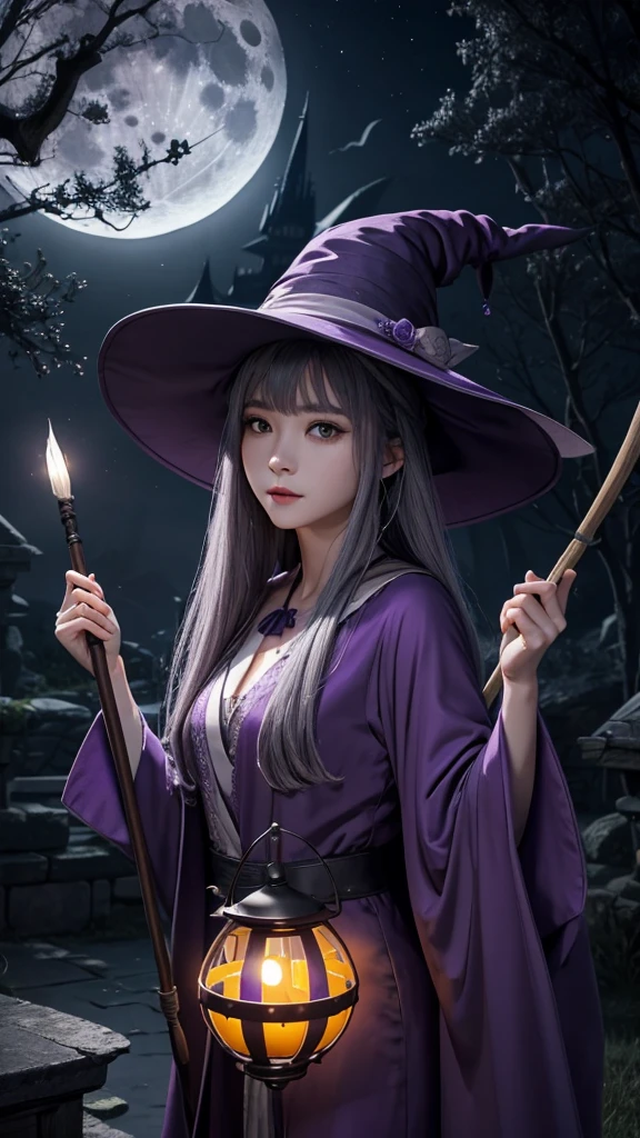 Moonlit Night、flight、broom、Purple Robe、Three-cornered hat、Familiar、Twilight、Jack Lantern、Gray Hair、witch、Slip empty、high resolution、magic、