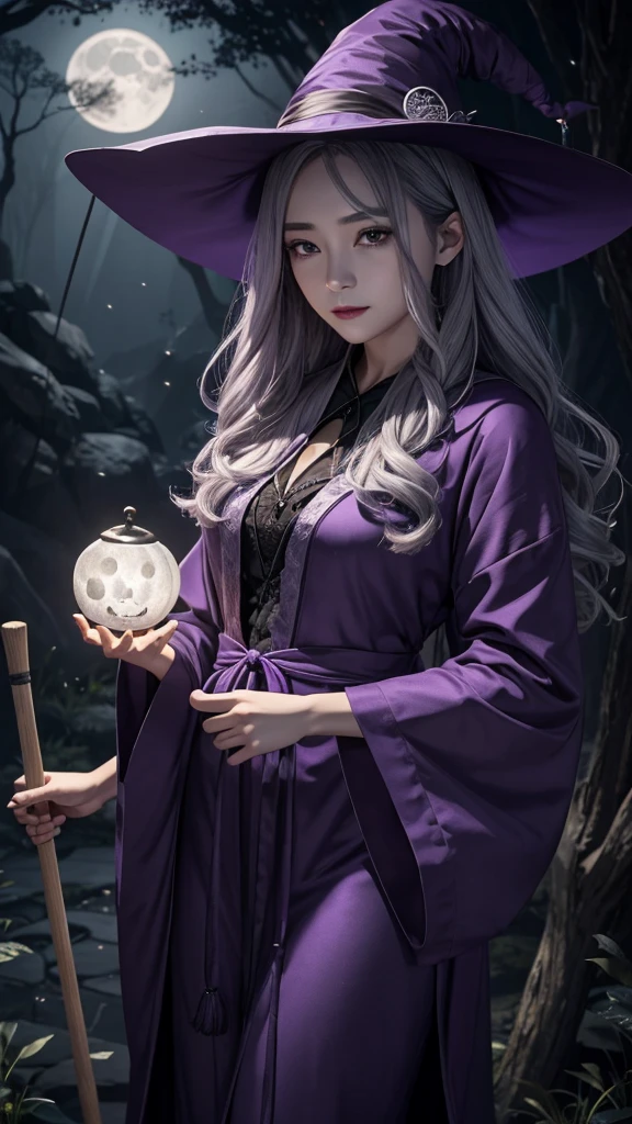 Moonlit Night、flight、broom、Purple Robe、Three-cornered hat、Familiar、Twilight、Jack Lantern、Gray Hair、witch、Slip empty、high resolution、magic、
