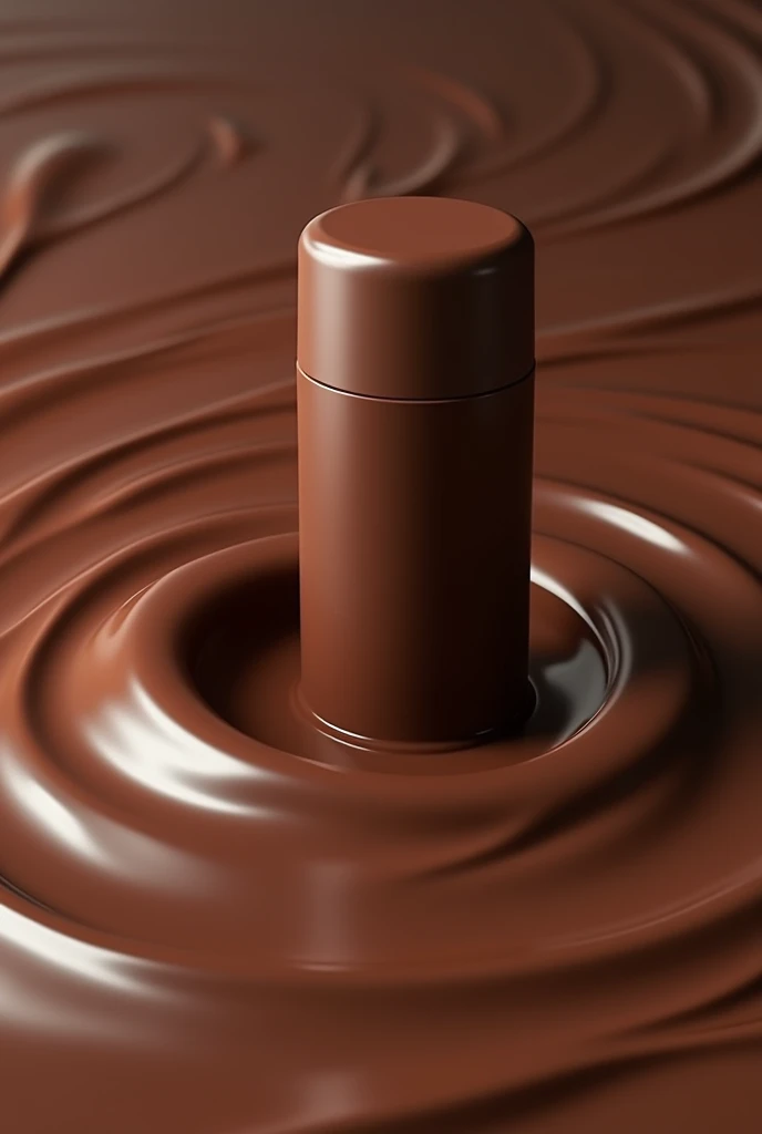 One deo bottle on liquid chocolate and some chocolate liquid waves around the bottle