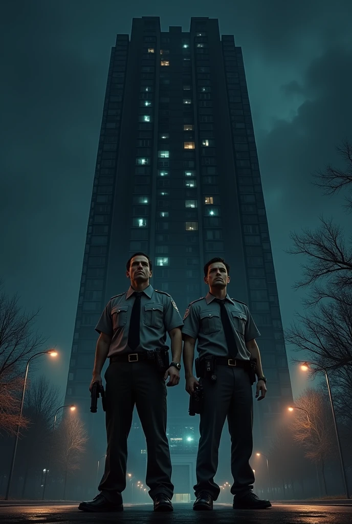 Security guards in front of the condo at scary night