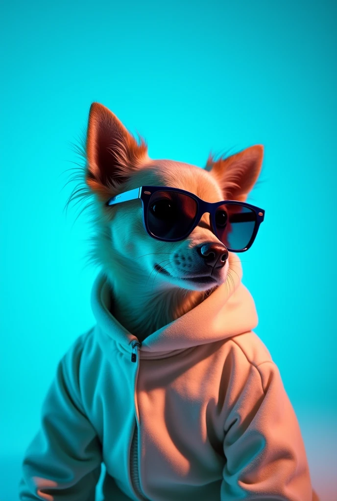 The best cell phone wallpaper, Award-Winning Wallpaper, portrait photography, In the front view is a portrait of a cute dog wearing mid-1960s space age fashion, Side view photo, Shot with Canon EOS R5, Set a strong contrast that accentuates the subject, Fluorescent blue tone, Wearing a very modern coat and sunglasses is a modern 1960s style, Clothes all in one color, beautiful background