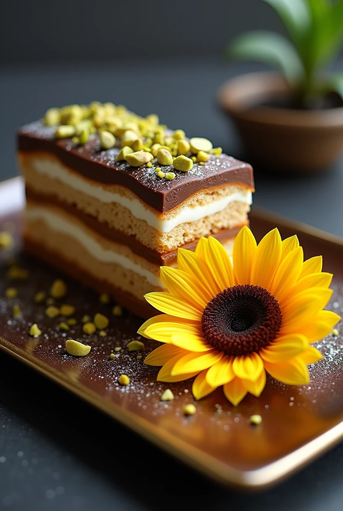 Plate containing a dessert, rectangular pavé on one side of the dish with six layers of white dough, interspersed with two layers of dulce de leche cream and two layers of pistachio cream, covered with a mirrored chocolate coating and with chopped pistachios on the other side a chocolate sunflower with yellow petals
