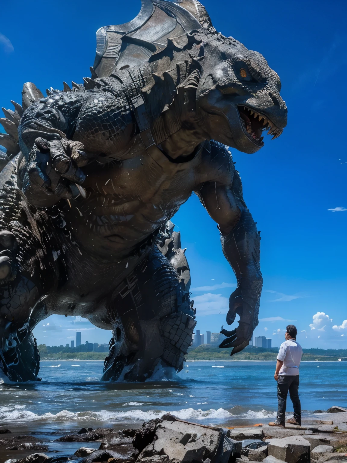 (Best quality, 8k, 32k, Masterpiece, UHD:1.2) "Depict a dramatic scene where Godzilla is emerging from a turbulent river, with water splashing violently around his enormous form. His massive, scaly body is covered in detailed reptilian textures, reflecting the natural ruggedness of a prehistoric creature. His eyes glow a menacing red, piercing through the chaos as he rises from the depths. The surrounding environment is in disarray, with waves crashing against the riverbanks and debris being swept away by the force of his emergence. The atmosphere is one of impending calamity, with dark clouds overhead and the distant sound of destruction echoing in the background. Capture the sheer size and power of Godzilla as he towers over the landscape, exuding an aura of unstoppable destruction."