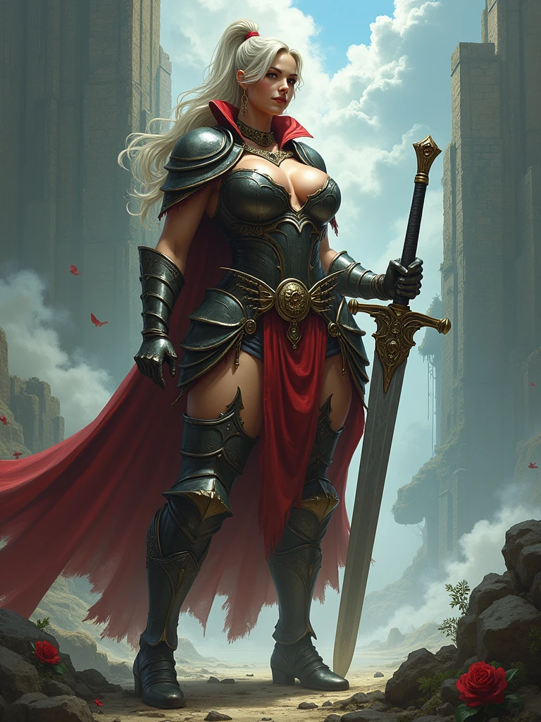 naked woman, very big breasts, with a medieval sword, fantasy environment