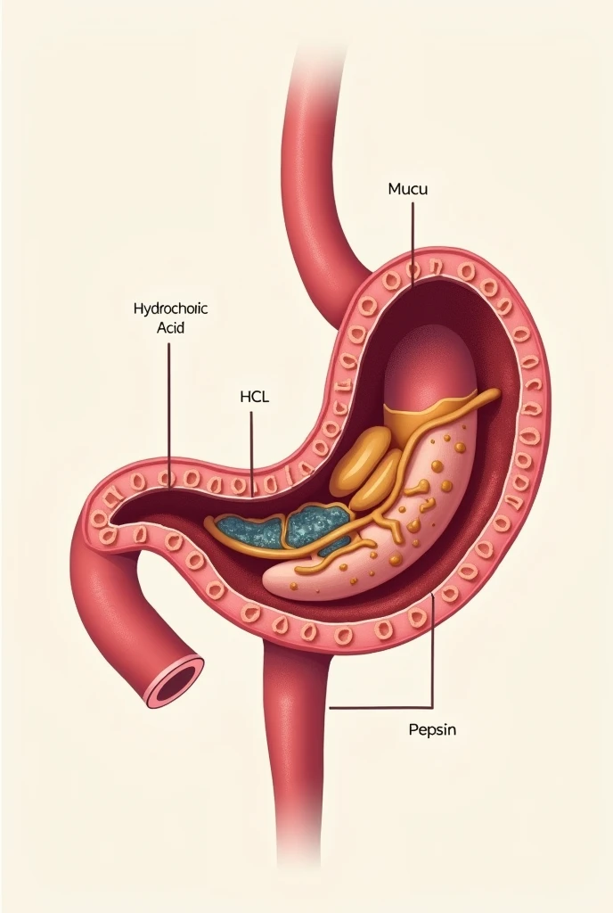 Neat diagram of stomach containing, gastric gland, mucus, HCl, pepsin enzymes





