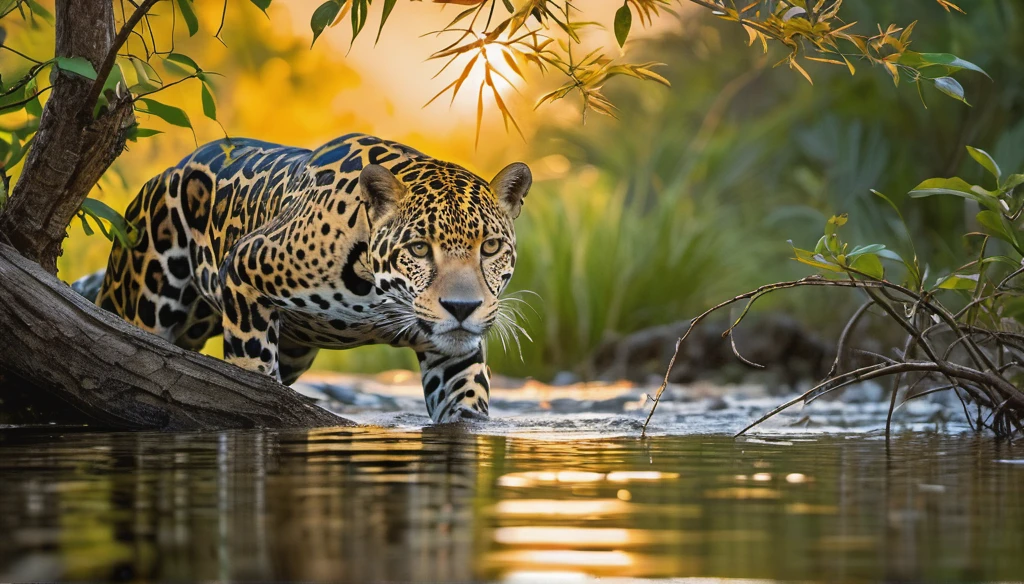 Photo of a jaguar lurking among branches and leaves watching an alligator in the National Geographic Award-winning wildlife river | rocky mountain forest on a sunset day | full body view | highly detailed | high resolution | looking at the viewer with an intense gauze | predatory | hyper detailed eyes | sharp focus | natural light