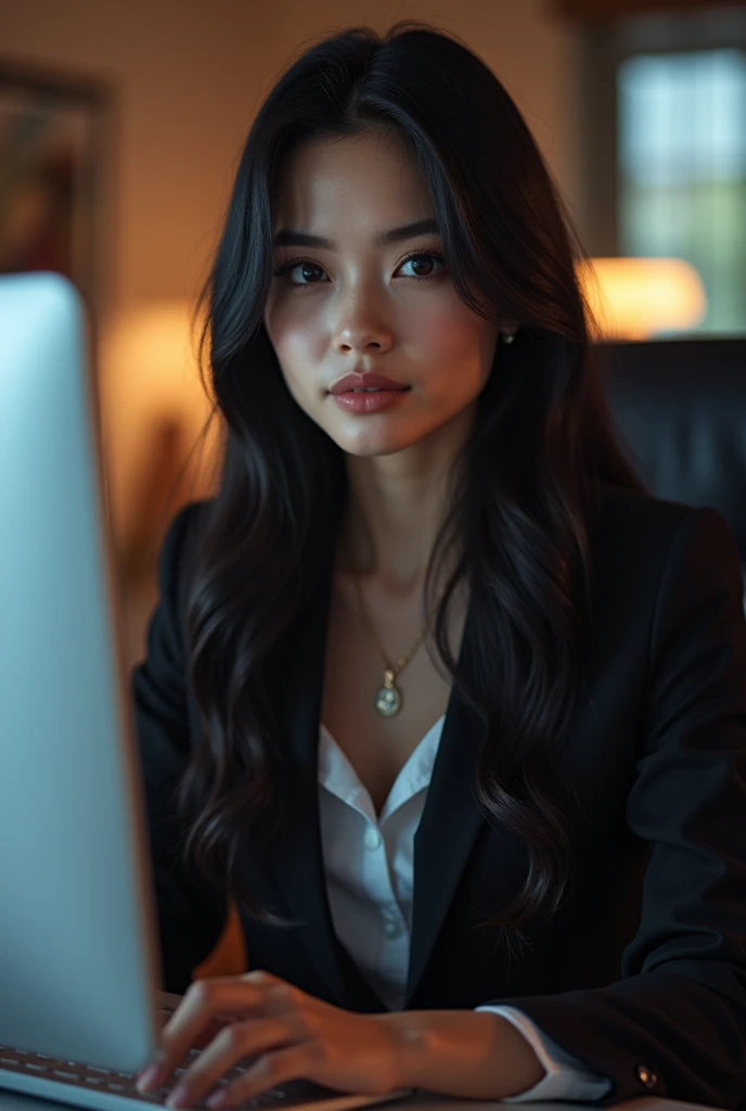 a beautiful girl with long black hair, detailed eyes, nose, and lips, wearing professional outfit, siting in her office, using her computer, hp comuter (best quality,4k,8k,highres,masterpiece:1.2),ultra-detailed,(realistic,photorealistic,photo-realistic:1.37),HDR,studio lighting,extremely detailed face and body, portrait,cinematic lighting,dramatic lighting,warm color tones,dramatic colors