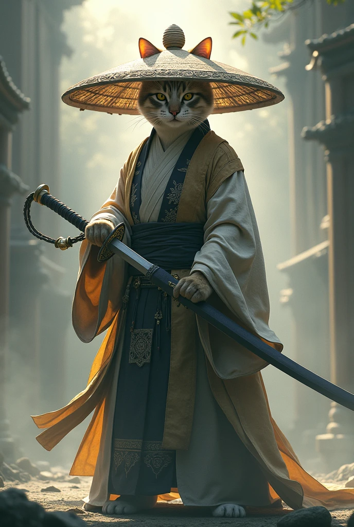 Create an image of a cat standing upright in traditional East Asian attire, wearing a wide bamboo hat on the head, wielding a sword with its right paw extended forward in an assertive stance, set against a misty backdrop to convey an atmosphere of ancient martial arts mastery.