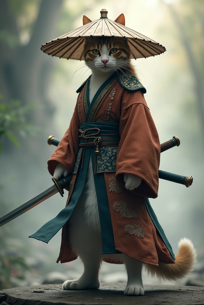 Create an image of a cat standing upright in traditional East Asian attire, wearing a wide bamboo hat on the head, wielding a sword with its right paw extended forward in an assertive stance, set against a misty backdrop to convey an atmosphere of ancient martial arts mastery.