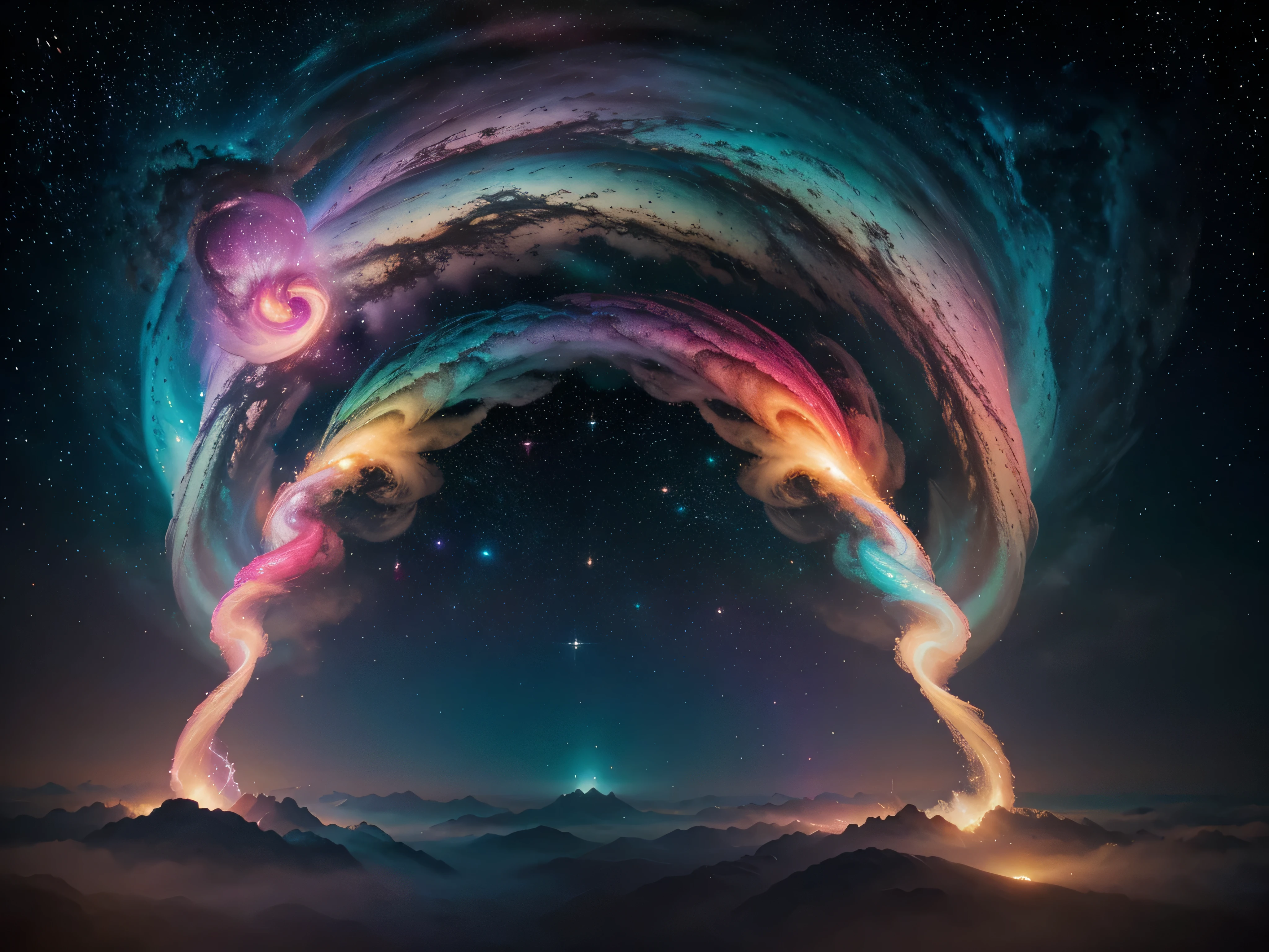 An ethereal union of cosmic entities dances in a surreal haze of pastel hues and glitchy distortions in an oil painting. The central focus is a mesmerizing spectacle of two swirling galaxies merging in a psychedelic display of neon pinks and electric blues. The image is meticulously crafted, with each brushstroke adding depth to the dreamlike scene. The shimmering stars and wispy nebulae create a sense of otherworldly wonder, drawing the viewer into a trance-like state of contemplation and awe.