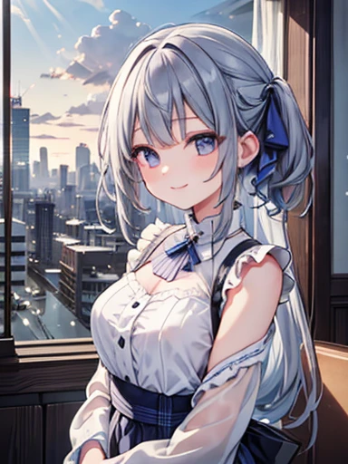 (One Girl),(Beautifully drawn eyes in every detail、Look at the details、masterpieceサイドライト、masterpiece、Highest quality、detailed、High resolution illustrations),Woman facing forward,Delicate makeup,Close your mouth,Iris,Half-up hairstyle with short bangs,Her hair color is a blue-gray gradient,smile、Basking in the morning sun、Reflecting the cityscape after the rain、