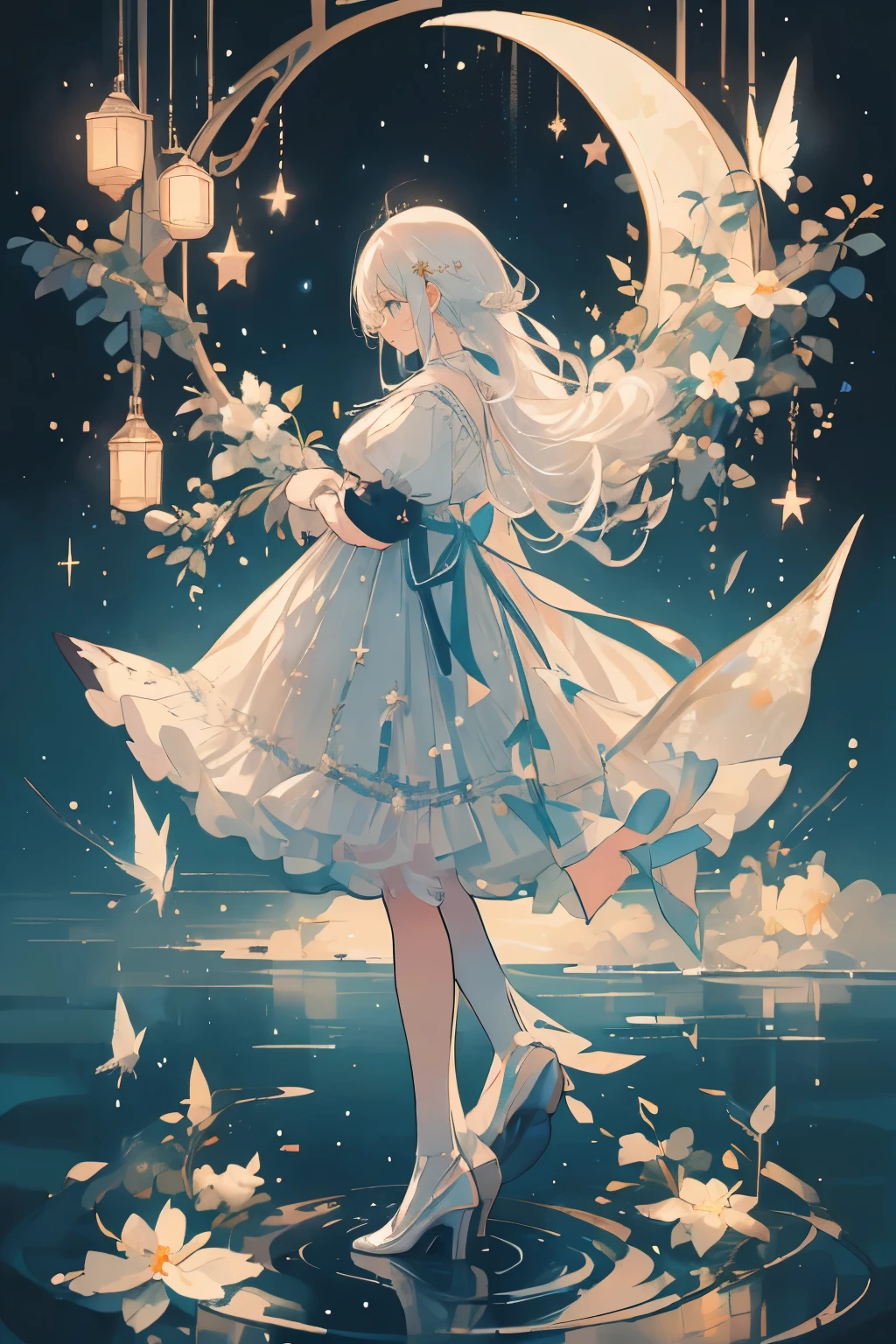 (Mastepiece), (Best Quality), Very detailed, 1 girl, (Full body solo shot:1.5), Perfect Face, beautiful girl, Very detailedな顔，(White hair long hair:1.5)，(blue eyes:1.4)，(Lots of butterflies々:1.2)、(Lots of white flowers:1.4)、(Lots of blue butterflies々:1.3)、(Sparkling:1.3)、moonlight、流れstar、(night、star空:1.4)、Crescent Moon、star々、moonlight