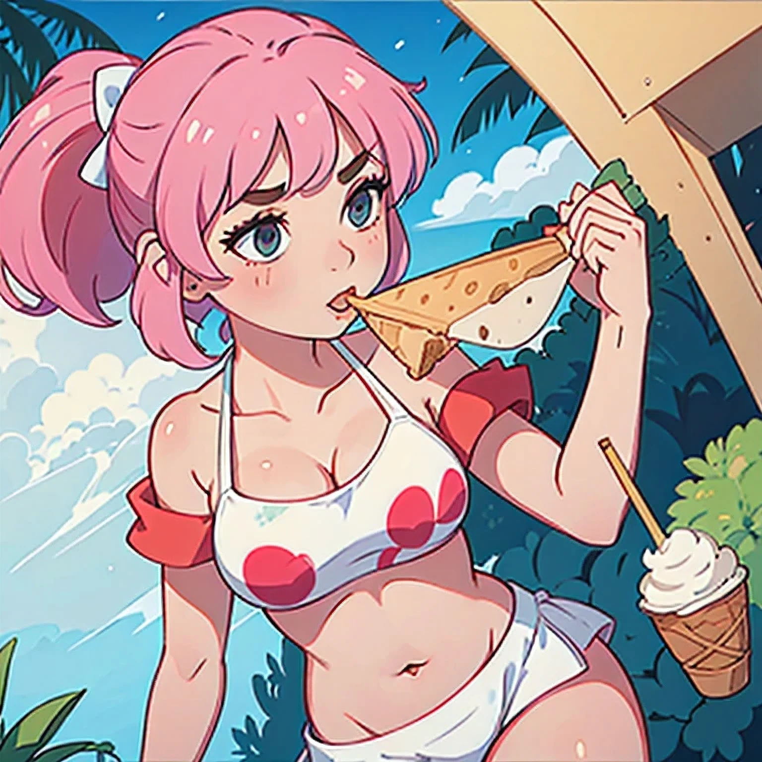 girl in a bikini eating an ice cream cone, eating ice cream, in a bikini, angela white, giorgia meloni, katy perry, in bikini, eating ice - cream, wearing spandex bikini, ice cream on the side, bikini, ice cream, wearing a bikini, candid photo of dirty, shiny plastic bikini, candid shot, cone, 1 girl, solo，in a green dress standing by a wall,portrait of female idol