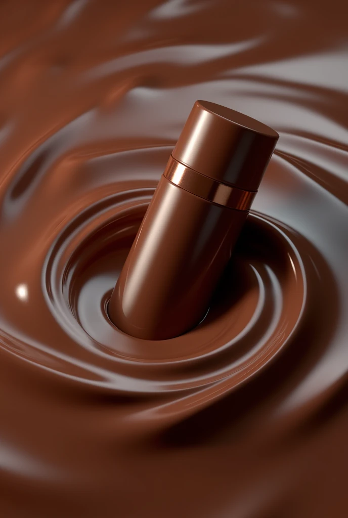 One deo bottle on liquid chocolate and some chocolate liquid waves around the bottle
