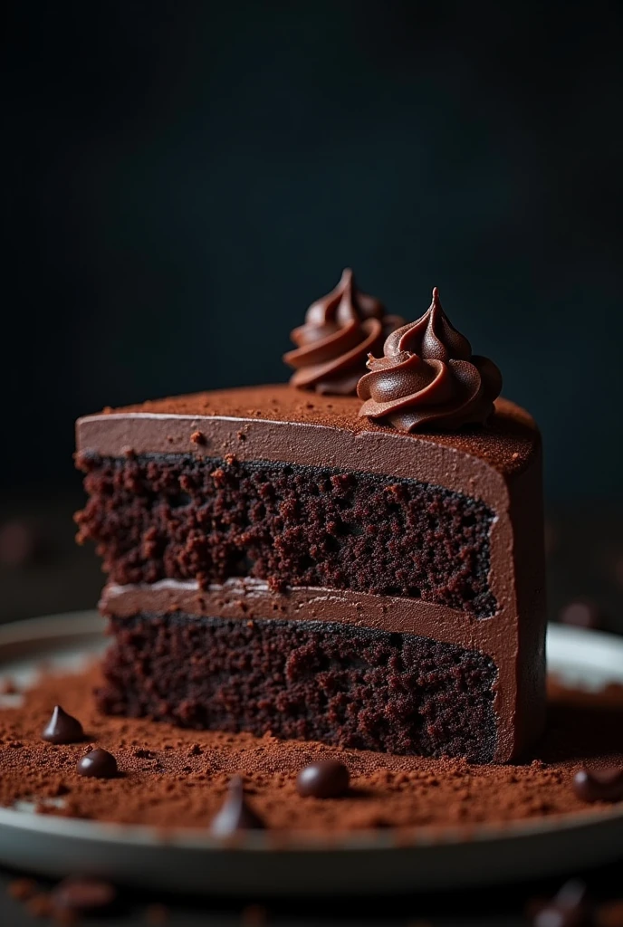 cinematic film still chocolate, chocolate cake, dark background, quality photo, moist texture, frosting, studio photo, slice . shallow depth of field, vignette, highly detailed, high budget, bokeh, cinemascope, moody, epic, gorgeous, film grain, grainy