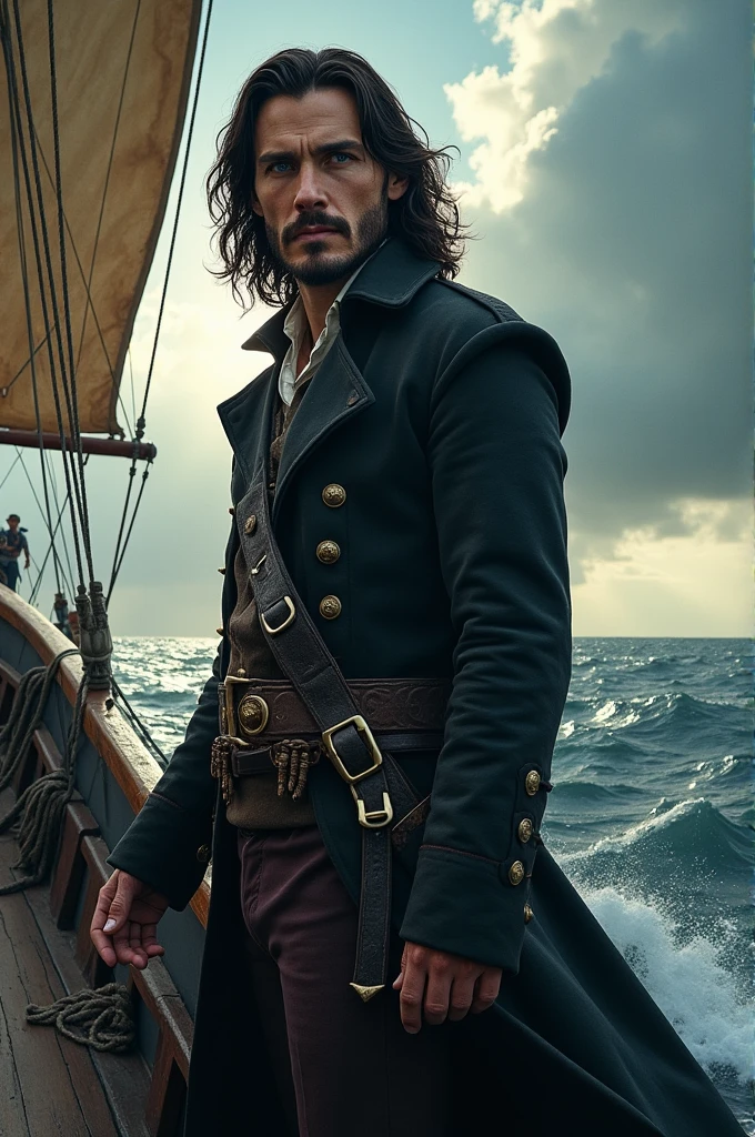 Colin O' Donoghue, Killian Jones, Once upon a time Captain Hook, hyperrealistic, sailing on a pirate ship, ocean